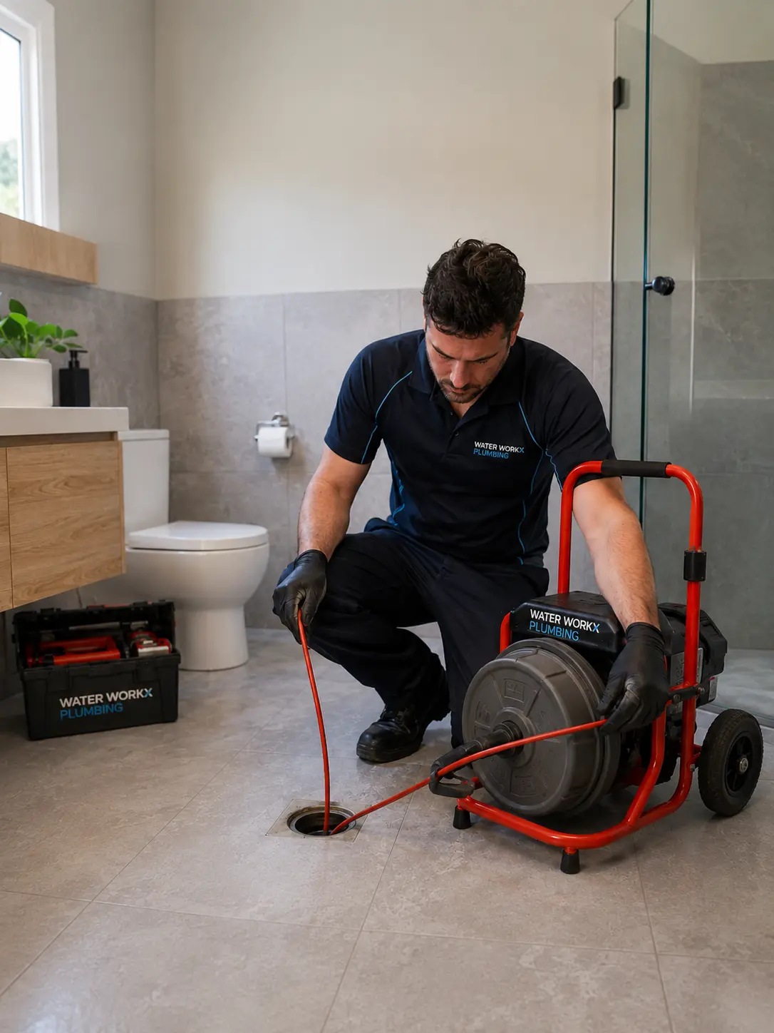 Plumber checking a bathroom floor waste for odour