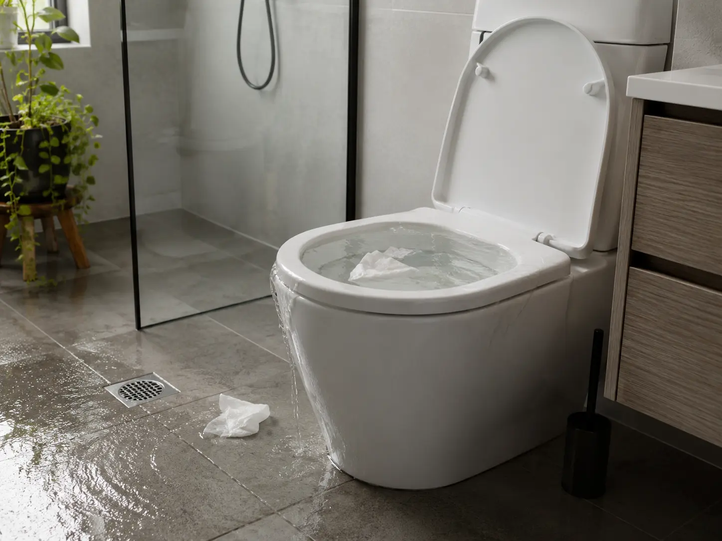 Toilet blockage tools beside a bathroom floor