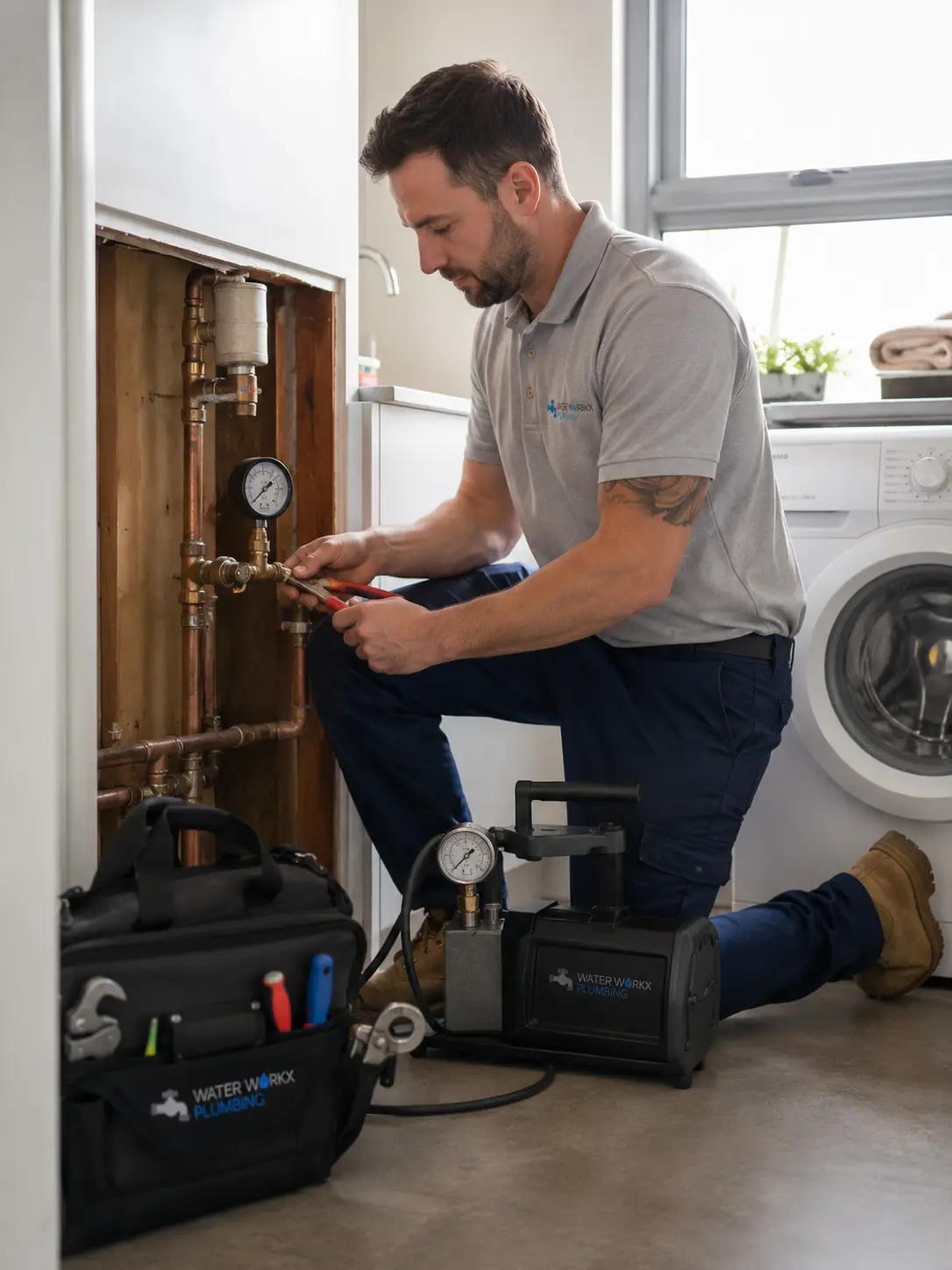 Plumber checking banging bathroom pipes