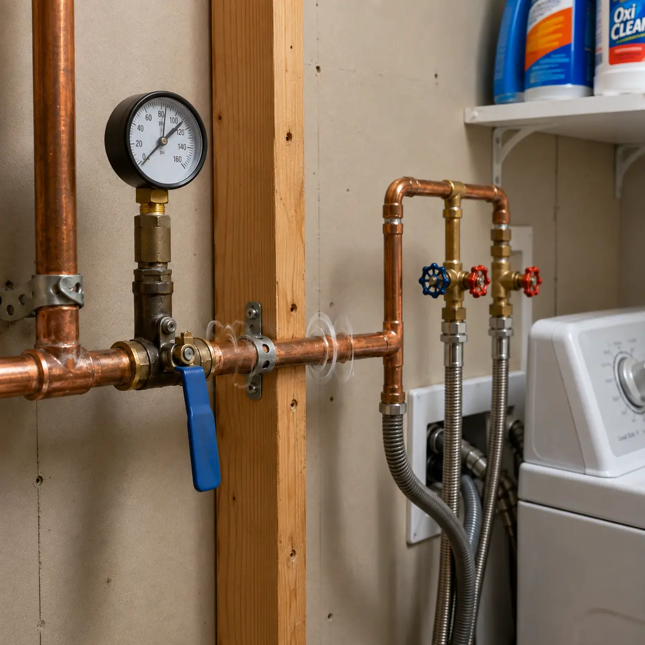 Tap valves and pipe clips under a basin