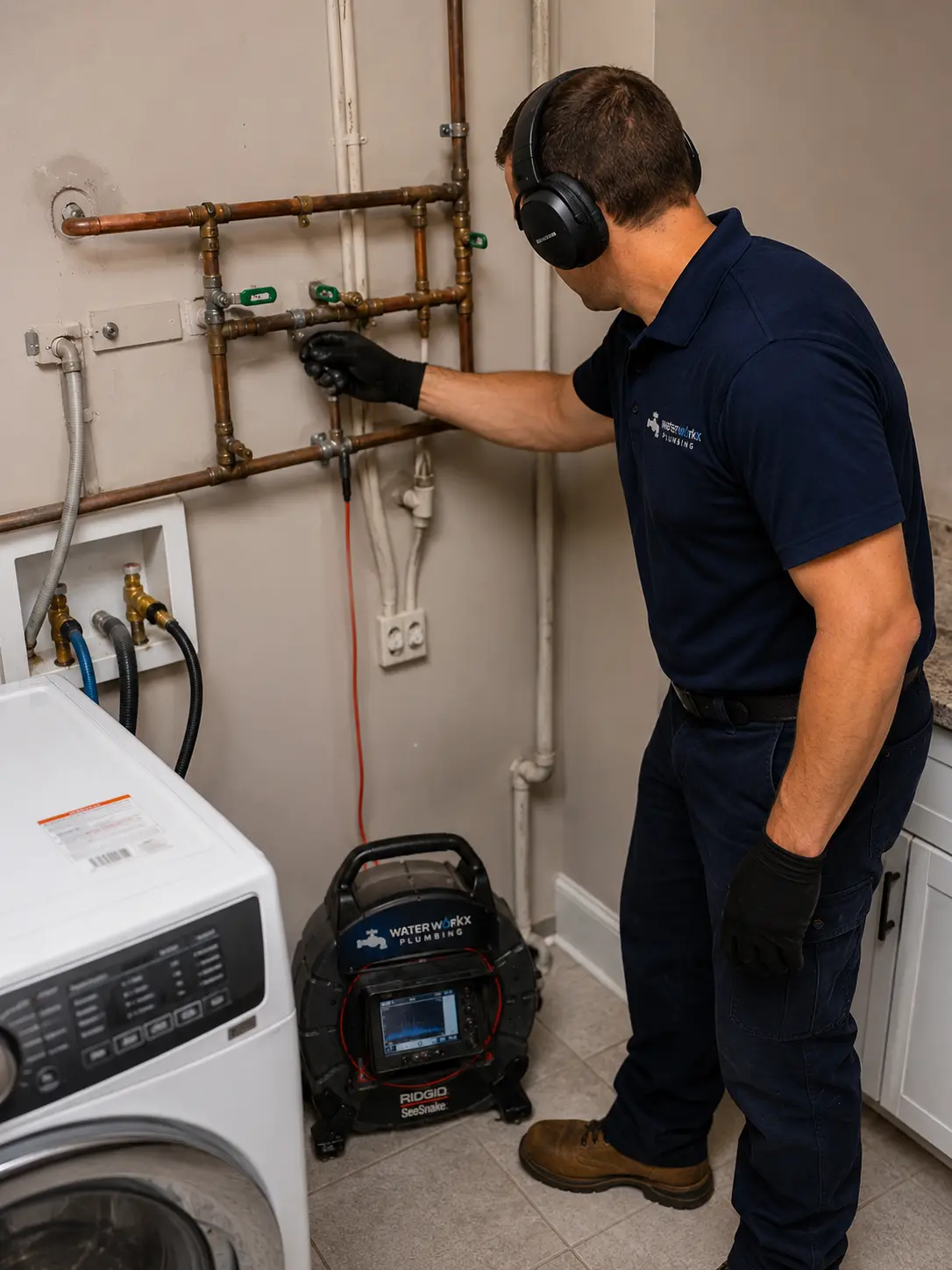 Plumbing inspection tools beside water pipework