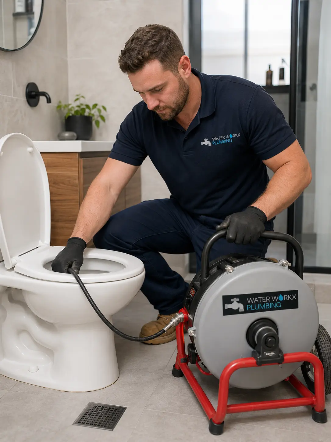 Plumber checking a bubbling toilet bowl