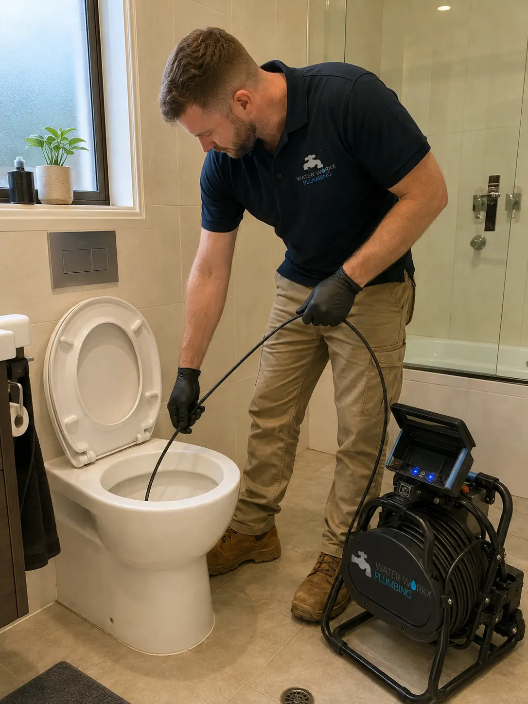 CCTV drain inspection equipment near bathroom plumbing