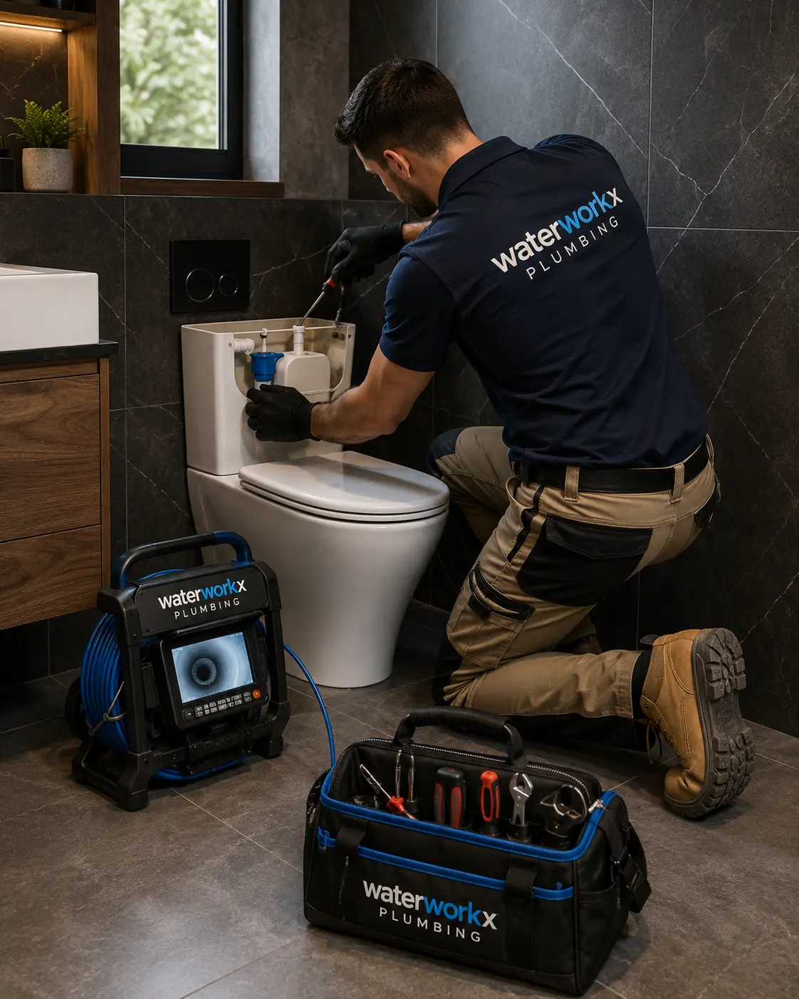 Plumber checking a leaking toilet cistern