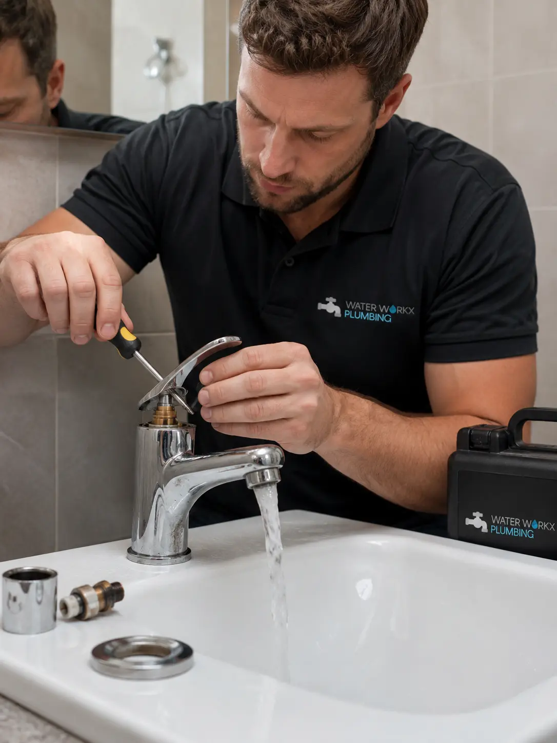 Plumber checking a running bathroom tap