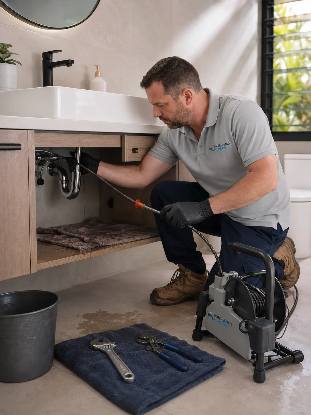 Plumber checking a slow bathroom basin drain