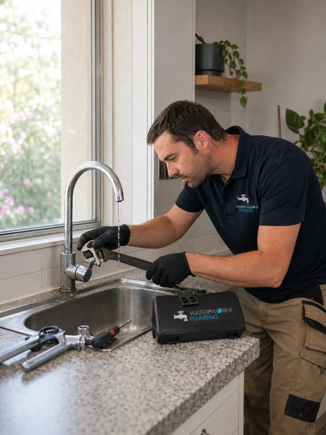 Plumber checking a dripping bathroom tap