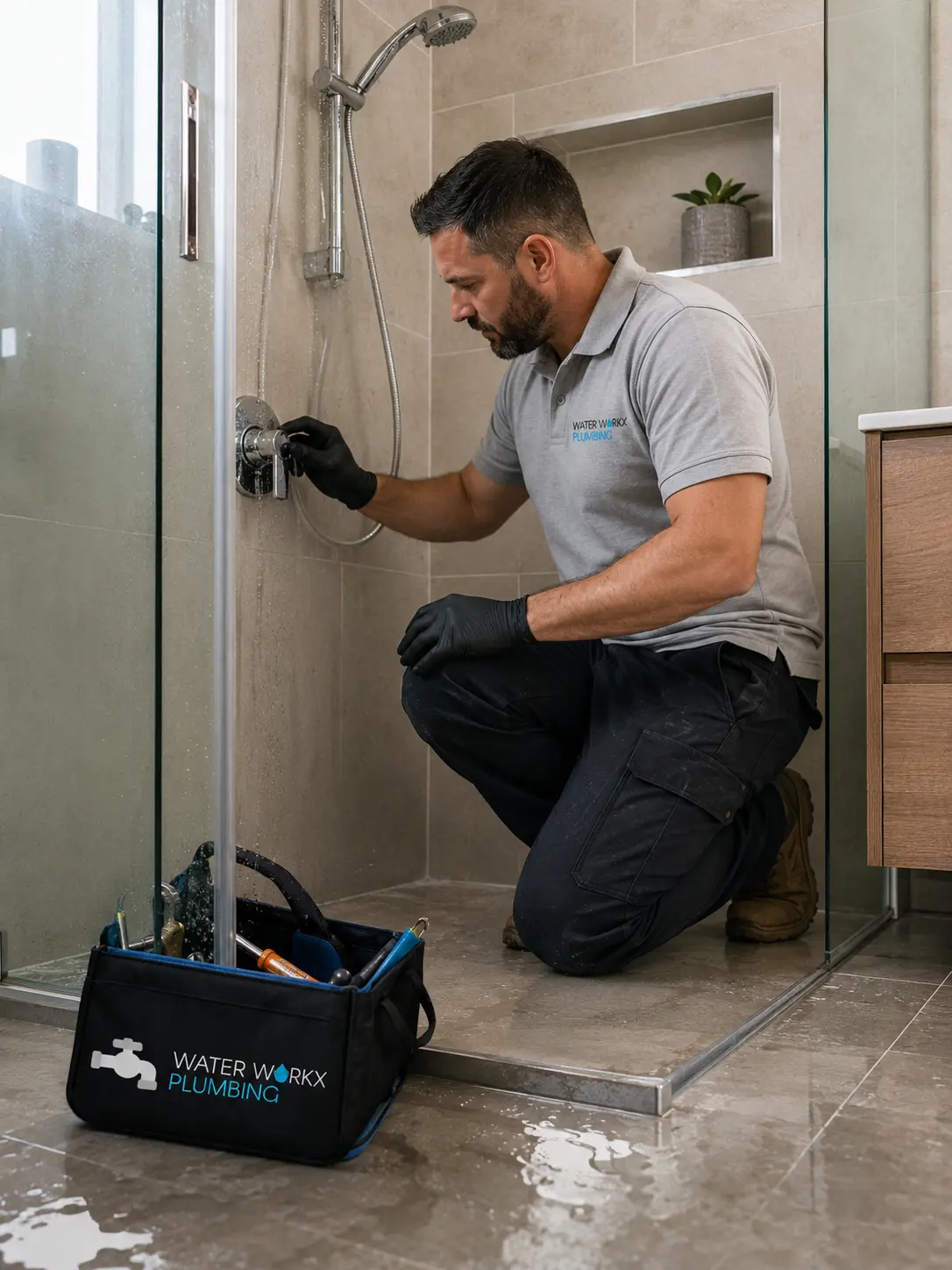 Plumber checking water outside a shower screen