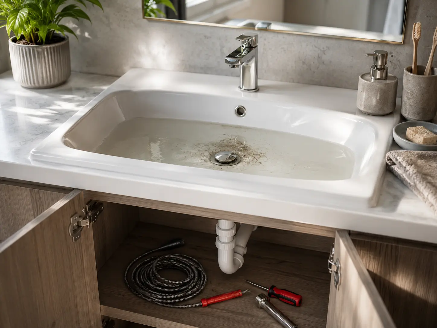Hair and soap residue that can block a bathroom basin