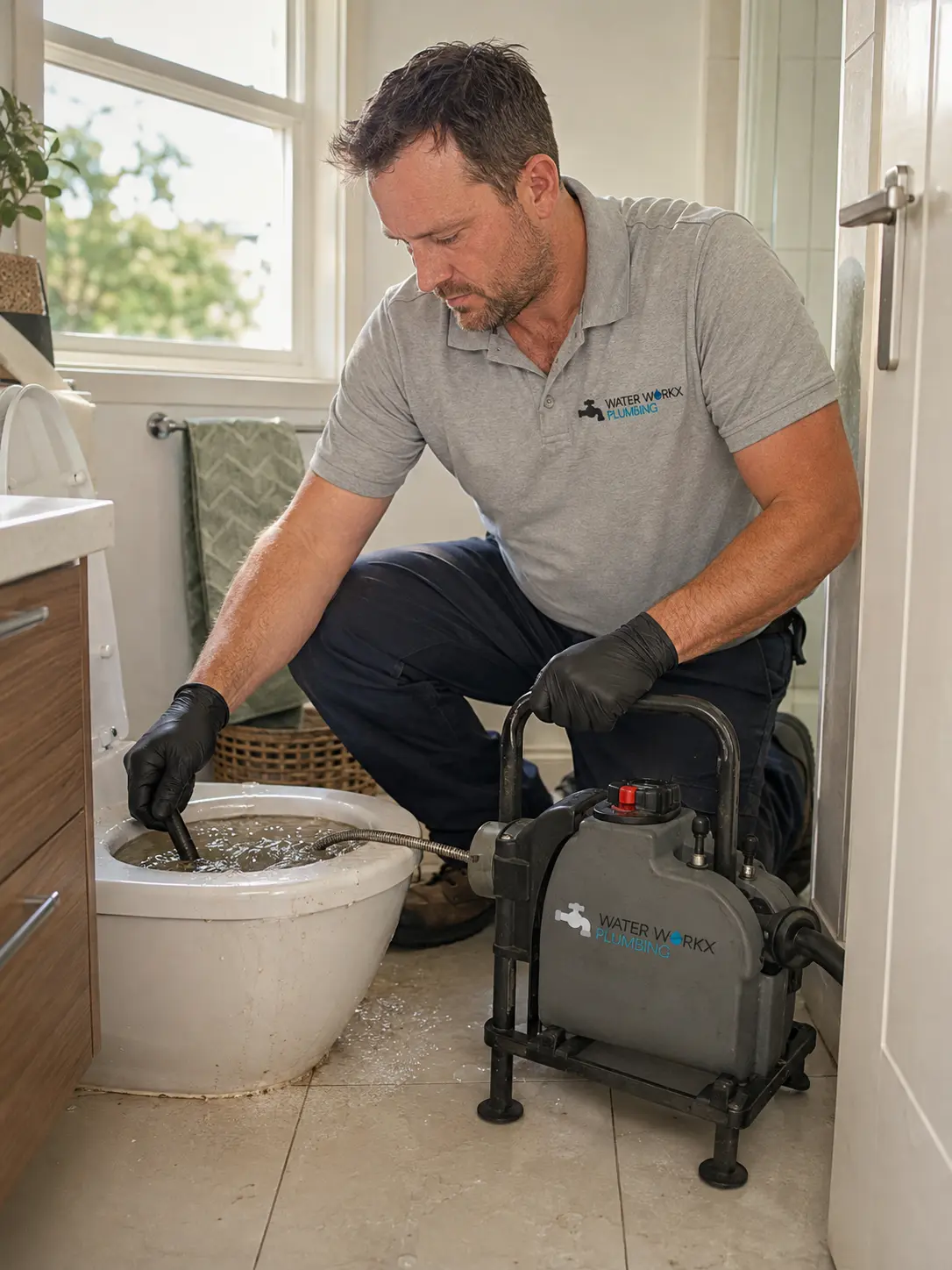 Plumber checking a toilet bowl with rising water